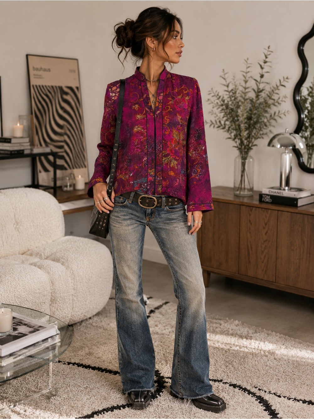 Chico’s 100% Silk Asian Geisha Floral Art Blouse Top Size 0 Small NWOT